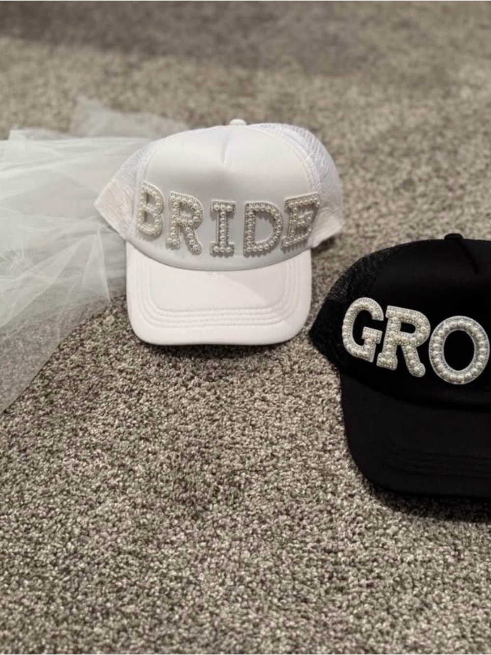 White 'BRIDE' & GROOM Trucker Hats with pearl Letters